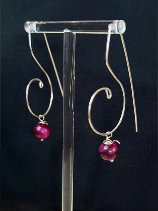 Sterling Silver Red Tigers Eye Artisan Hand Crafted Wire Drop Earrings - Picture 6 of 7